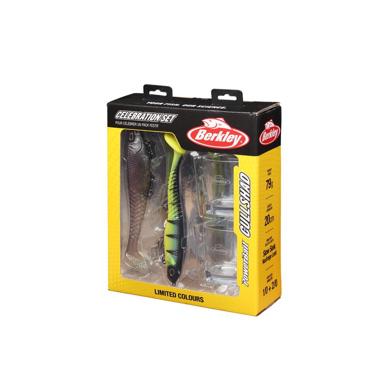 COFFRET CADEAU DE 2 LEURRES SOUPLES BERKLEY POWERBAIT CULLSHAD 20cm MONTES + 2 VERRES A WHISKY