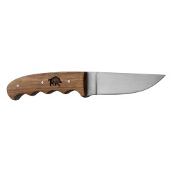 Couteau manche platane avec gravure sanglier et fourreau en cuir