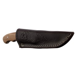 Couteau manche platane avec gravure sanglier et fourreau en cuir