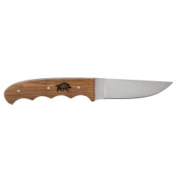 Couteau manche platane avec gravure sanglier et fourreau en cuir