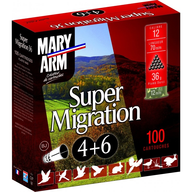 Cartouches Mary Arm Super Migration 36g Duo - Cal. 12/70 N°4 & 6 bte de 100 Cartouches Mary Arm Super Migration 36g Duo - Cal. 12/70 N°4 & 6 bte de 100