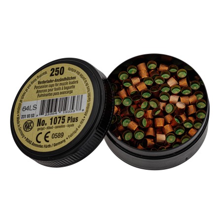 Boite de 250 amorces canneléesRWS 1075+ pour pistolets, revolvers et carabines à poudre noire
