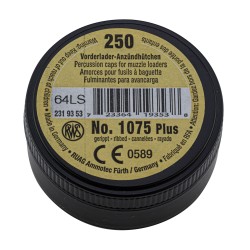 Boite de 250 amorces canneléesRWS 1075+ pour pistolets, revolvers et carabines à poudre noire
