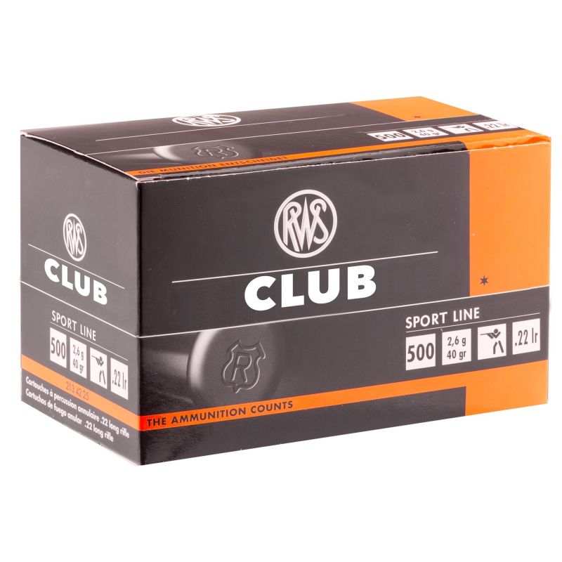 Cartouches 22lr RWS Club 40gr Plomb tête ronde bte de 500 Cartouches 22lr RWS Club 40gr Plomb tête ronde bte de 500